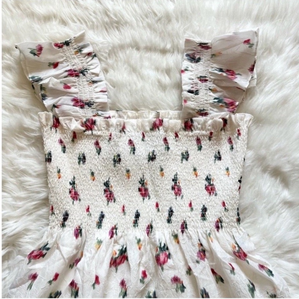 New HILL HOUSE Ellie Floral Smocked Midi Nap Dress in Ivory Crushed Taffeta Ikat - Picture 11 of 16